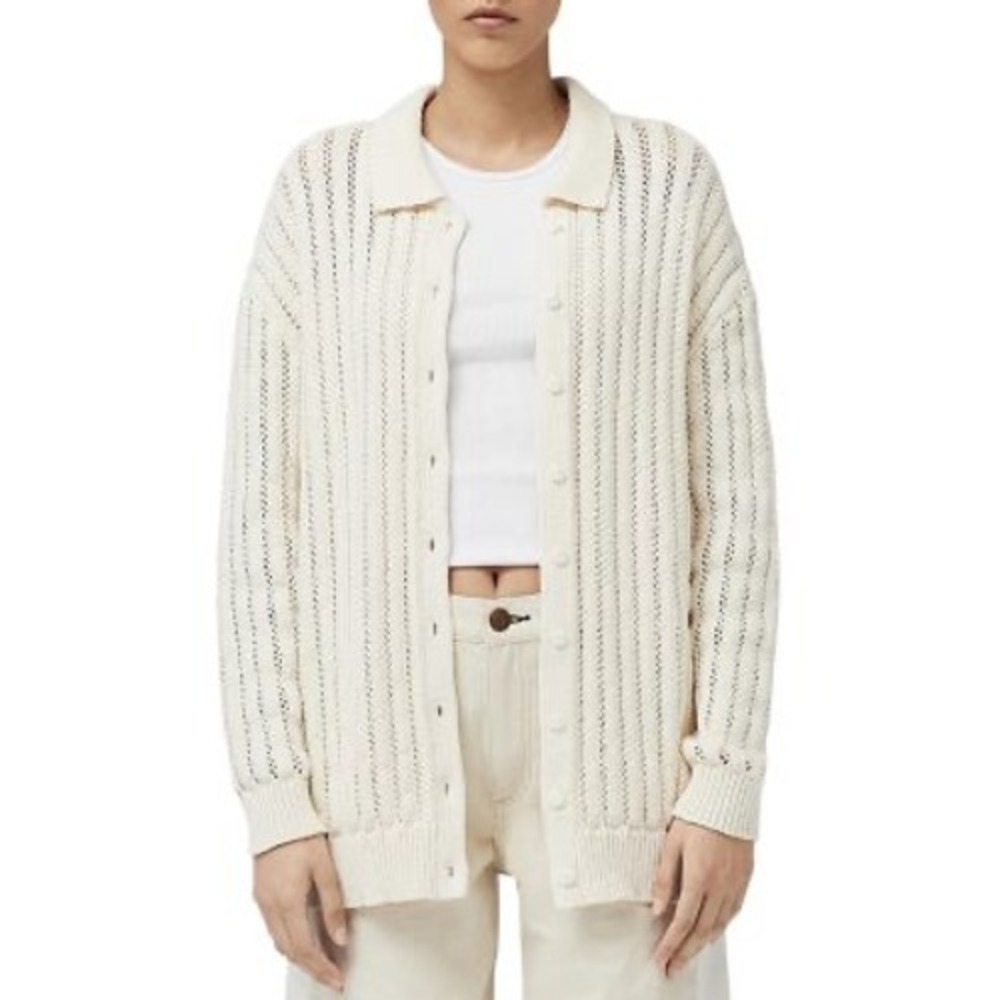 Rag & Bone Ivory Adrienne Cardigan Polo Collar‎ Pointelle Knit Sweater NEW L